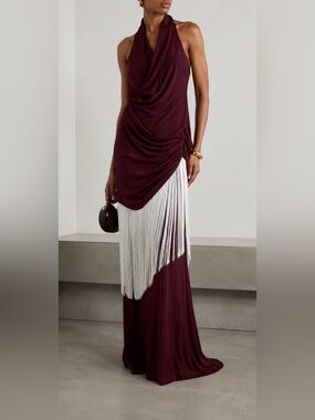 Lovers + Friends Small Burgundy Cowl Neck Halterneck Maxi Dress w/White Fringe
